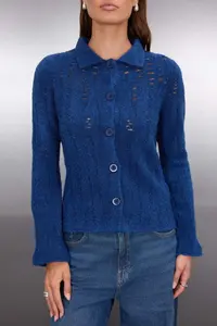 TRENDYOLMİLLA Indigo Fitted Boucle Thread Knitwear Cardigan - Image 3