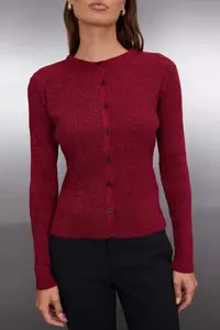 TRENDYOLMİLLA Plum Glitter Thread Fitted Chic Knitwear Cardigan - Image 3