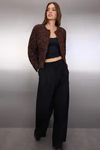TRENDYOLMİLLA Brown New year Themed Glitter Beard Threaded Knitwear Cardigan - Image 3