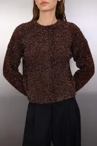 TRENDYOLMİLLA Brown New year Themed Glitter Beard Threaded Knitwear Cardigan - Image 4