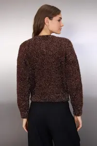 TRENDYOLMİLLA Brown New year Themed Glitter Beard Threaded Knitwear Cardigan - Image 5