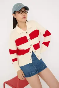 TRENDYOLMİLLA Teen Stone Striped Polo Shirt Collar Knitwear Cardigan