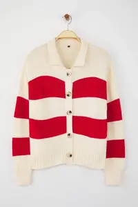 TRENDYOLMİLLA Teen Stone Striped Polo Shirt Collar Knitwear Cardigan - Image 5
