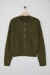 TRENDYOLMİLLA Wardrobe Essentials Khaki Soft textured Basic Knitwear Cardigan | - Image 5