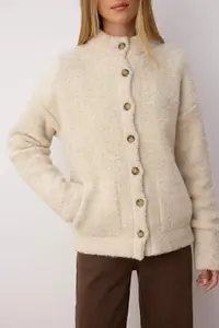 TRENDYOLMİLLA Beige Boucle/textured Thread Wide Pattern Coat Look Knitwear Cardigan - Image 3