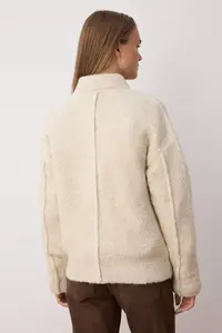 TRENDYOLMİLLA Beige Boucle/textured Thread Wide Pattern Coat Look Knitwear Cardigan - Image 4