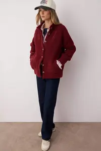 TRENDYOLMİLLA Burgundy Boucle/textured Thread Wide Pattern Coat Look Knitwear Cardigan - Image 2