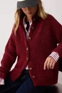 TRENDYOLMİLLA Burgundy Boucle/textured Thread Wide Pattern Coat Look Knitwear Cardigan - Image 3