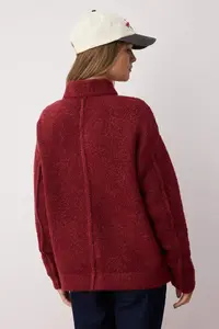 TRENDYOLMİLLA Burgundy Boucle/textured Thread Wide Pattern Coat Look Knitwear Cardigan - Image 5