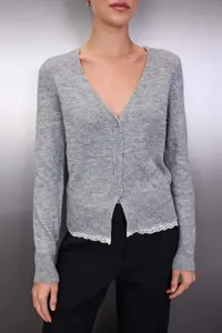 TRENDYOLMİLLA Gray Lace Garnished Detailed Knitwear Cardigan - Image 3