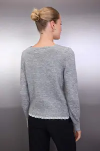 TRENDYOLMİLLA Gray Lace Garnished Detailed Knitwear Cardigan - Image 4