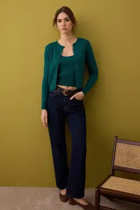 TRENDYOLMİLLA Dark Green 2 Sets Basic Knitwear Cardigan-Blouse Set
