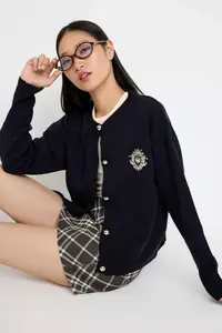 TRENDYOLMİLLA Teen Navy Blue College Themed Embroidery Embroidered Knitwear Cardigan