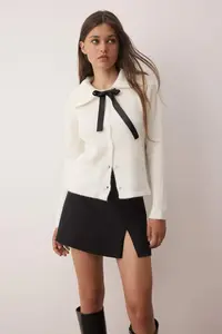 TRENDYOLMİLLA Ecru Soft textured Ribbon Detailed Knitwear Cardigan