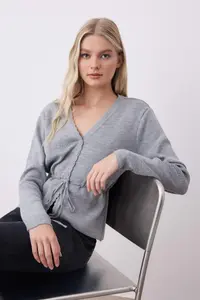 TRENDYOLMİLLA Light Gray Soft textured Lace Detailed Knitwear Cardigan