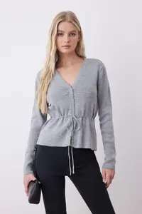 TRENDYOLMİLLA Light Gray Soft textured Lace Detailed Knitwear Cardigan - Image 2