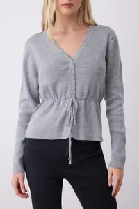 TRENDYOLMİLLA Light Gray Soft textured Lace Detailed Knitwear Cardigan - Image 3