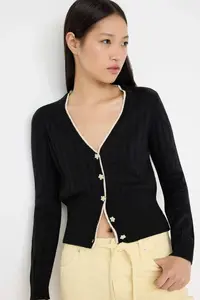 TRENDYOLMİLLA Teen Black Cellular/Perforated Crop/Short Lace Garnished Detailed Knitwear Cardigan - Image 3