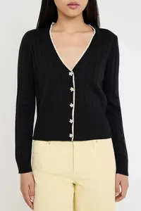 TRENDYOLMİLLA Teen Black Cellular/Perforated Crop/Short Lace Garnished Detailed Knitwear Cardigan - Image 4