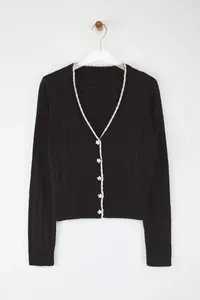 TRENDYOLMİLLA Teen Black Cellular/Perforated Crop/Short Lace Garnished Detailed Knitwear Cardigan - Image 6