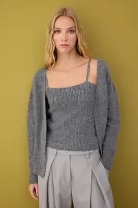 TRENDYOLMİLLA Anthracite Soft textured 2 Sets Knitwear Blouse-Cardigan Set