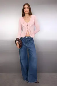 TRENDYOLMİLLA Powder Pink Special Yarn Ruffle Detailed Knitwear Cardigan - Image 2