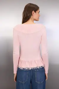 TRENDYOLMİLLA Powder Pink Special Yarn Ruffle Detailed Knitwear Cardigan - Image 4