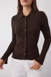 TRENDYOLMİLLA Wardrobe Essentials Brown Premium Yarn Polo Shirt Collar Knitwear Cardigan | - Image 3