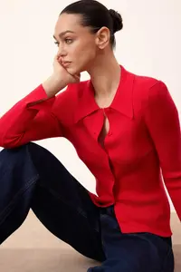 TRENDYOLMİLLA Wardrobe Essentials Red Premium Yarn Polo Shirt Collar Knitwear Cardigan |