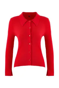 TRENDYOLMİLLA Wardrobe Essentials Red Premium Yarn Polo Shirt Collar Knitwear Cardigan | - Image 5
