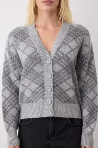 TRENDYOLMİLLA Gray Soft textured Baklava Patterned V-neck Knitwear Cardigan - Image 3