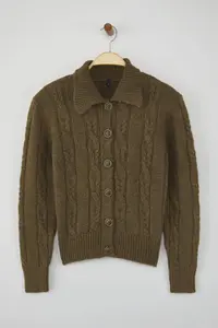 TRENDYOLMİLLA Khaki Hair Braided Soft textured Knitwear Cardigan - Image 5