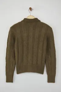 TRENDYOLMİLLA Khaki Hair Braided Soft textured Knitwear Cardigan - Image 6
