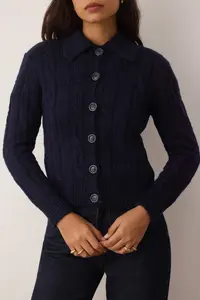 TRENDYOLMİLLA Navy Blue Braided Soft textured Knitwear Cardigan - Image 3