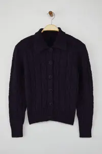 TRENDYOLMİLLA Navy Blue Braided Soft textured Knitwear Cardigan - Image 5