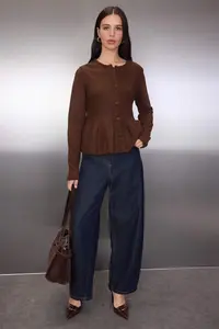 TRENDYOLMİLLA Brown Crew Neck Skirt Ucu with flywheel Knitwear Cardigan - Image 2
