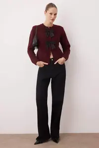 TRENDYOLMİLLA Burgundy Crew Neck Ribbon Detailed Knitwear Cardigan  Knitwear Cardigan - Image 2