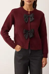 TRENDYOLMİLLA Burgundy Crew Neck Ribbon Detailed Knitwear Cardigan  Knitwear Cardigan - Image 7