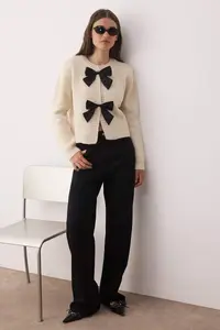 TRENDYOLMİLLA Stone Crew Neck Ribbon Detailed Knitwear Cardigan - Image 2