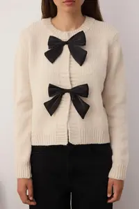 TRENDYOLMİLLA Stone Crew Neck Ribbon Detailed Knitwear Cardigan - Image 3
