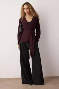 TRENDYOLMİLLA Burgundy Double breasted Binding Detailed Knitwear Cardigan - Image 2