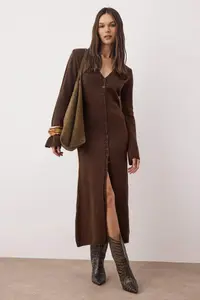 TRENDYOLMİLLA Brown Soft textured V-neck Cardigan/Dress Dual Use Knitwear Cardigan - Image 2