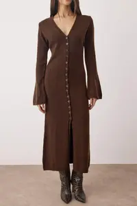 TRENDYOLMİLLA Brown Soft textured V-neck Cardigan/Dress Dual Use Knitwear Cardigan - Image 3
