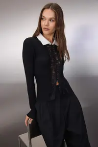 TRENDYOLMİLLA Black Shirt And Lace Garnished Fitted/Bodysuit hugging Knitwear Cardigan