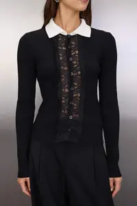 TRENDYOLMİLLA Black Shirt And Lace Garnished Fitted/Bodysuit hugging Knitwear Cardigan - Image 3