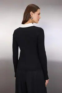 TRENDYOLMİLLA Black Shirt And Lace Garnished Fitted/Bodysuit hugging Knitwear Cardigan - Image 4