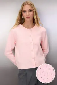 TRENDYOLMİLLA Powder Pink Soft textured Stone Embroidered Knitwear Cardigan