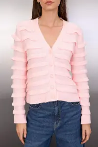 TRENDYOLMİLLA Powder Pink Soft textured V-neck Knitwear Cardigan - Image 3