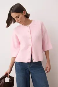 TRENDYOLMİLLA Wardrobe Essentials Pink Soft textured Wide Pattern Short Sleeve Basic Knitwear Cardigan | - Image 2