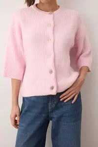 TRENDYOLMİLLA Wardrobe Essentials Pink Soft textured Wide Pattern Short Sleeve Basic Knitwear Cardigan | - Image 3